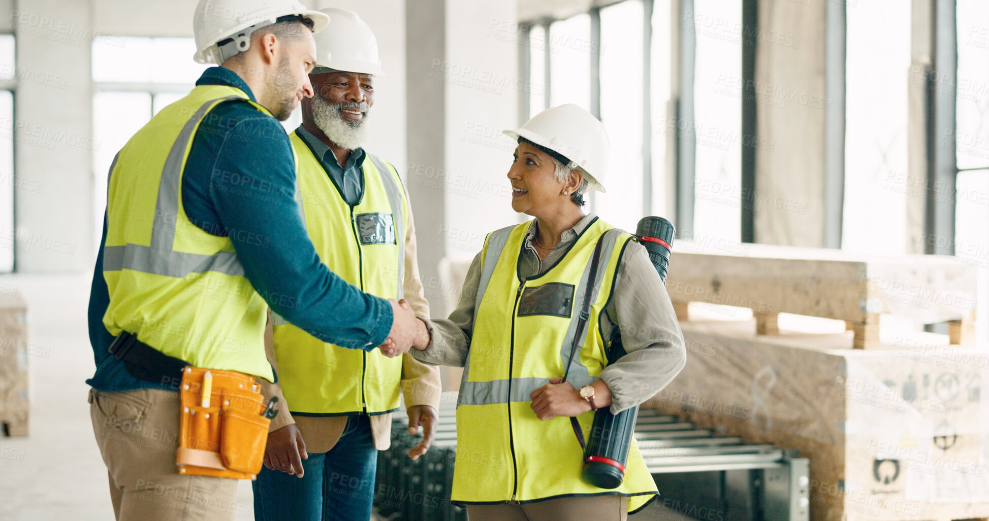 Buy stock photo Handshake, architecture and construction people planning b2b deal, trust and hello to support collaboration. Teamwork, industrial partnership and shaking hands for welcome, consulting and engineering