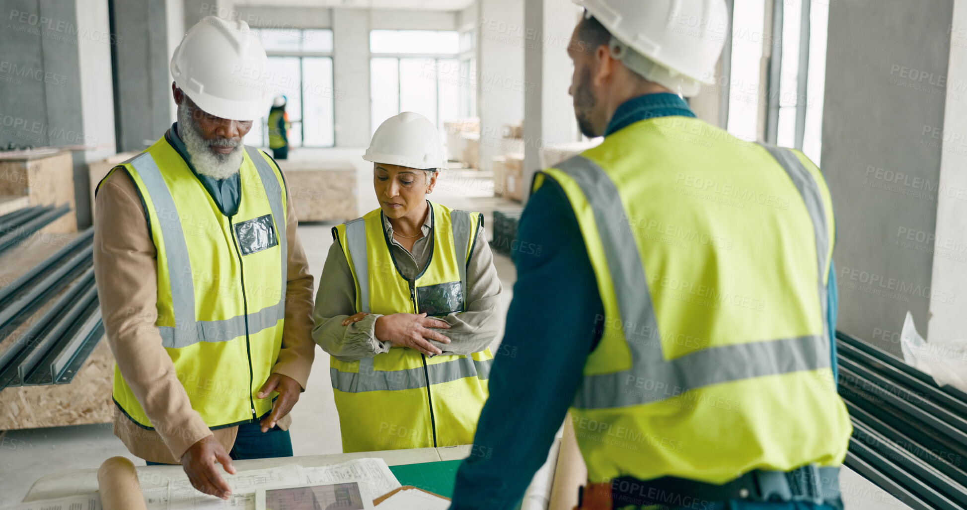 Buy stock photo Discussion, blueprint and team of construction workers in collaboration for building renovation. Industry, engineering and group of contractors in meeting for project development planning on site.