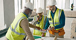 Teamwork on construction building, people in conversation
with digital innovation and engineering woman on tablet. Architecture contractor planning on blueprint, industrial project and group on site