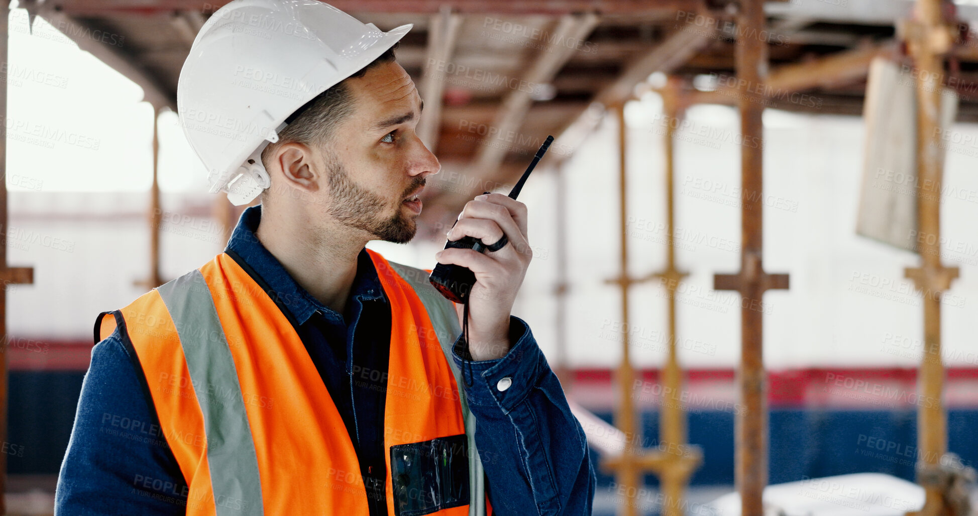 Buy stock photo Construction, walkie talkie and manager on site talking of logistics, planning or project management of building or development. Check, communication or builder speaking with architect on radio 