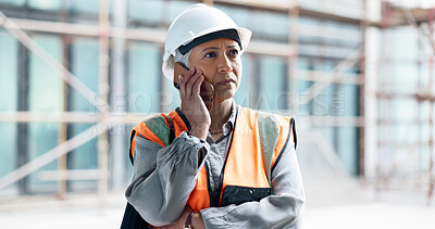 Phone call, engineer manager and woman worker happy talking on smartphone at construction site. Architecture management leader, industrial building worker and online mobile communication conversation