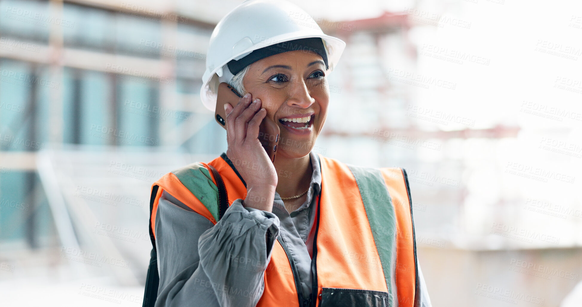 Buy stock photo Architecture, woman or smile for phone call in construction, urban renovation or civil engineering. Happy industrial contractor, mature technician or manager talking on smartphone at maintenance site