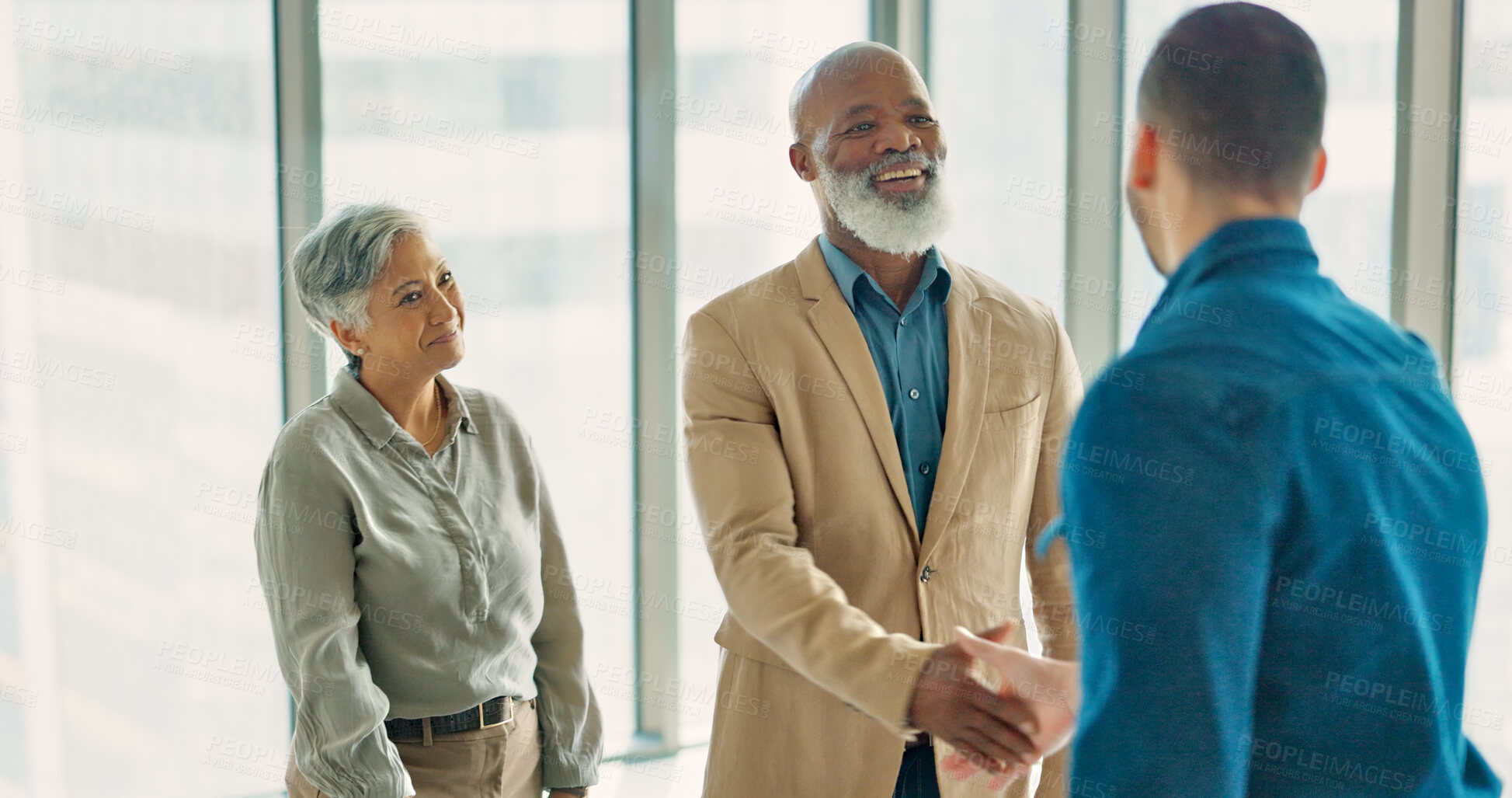 Buy stock photo Welcome, handshake and business people in meeting with thank you in office, interview or manager onboarding employee. B2b, shaking hands or happy partnership or collaboration with teamwork success