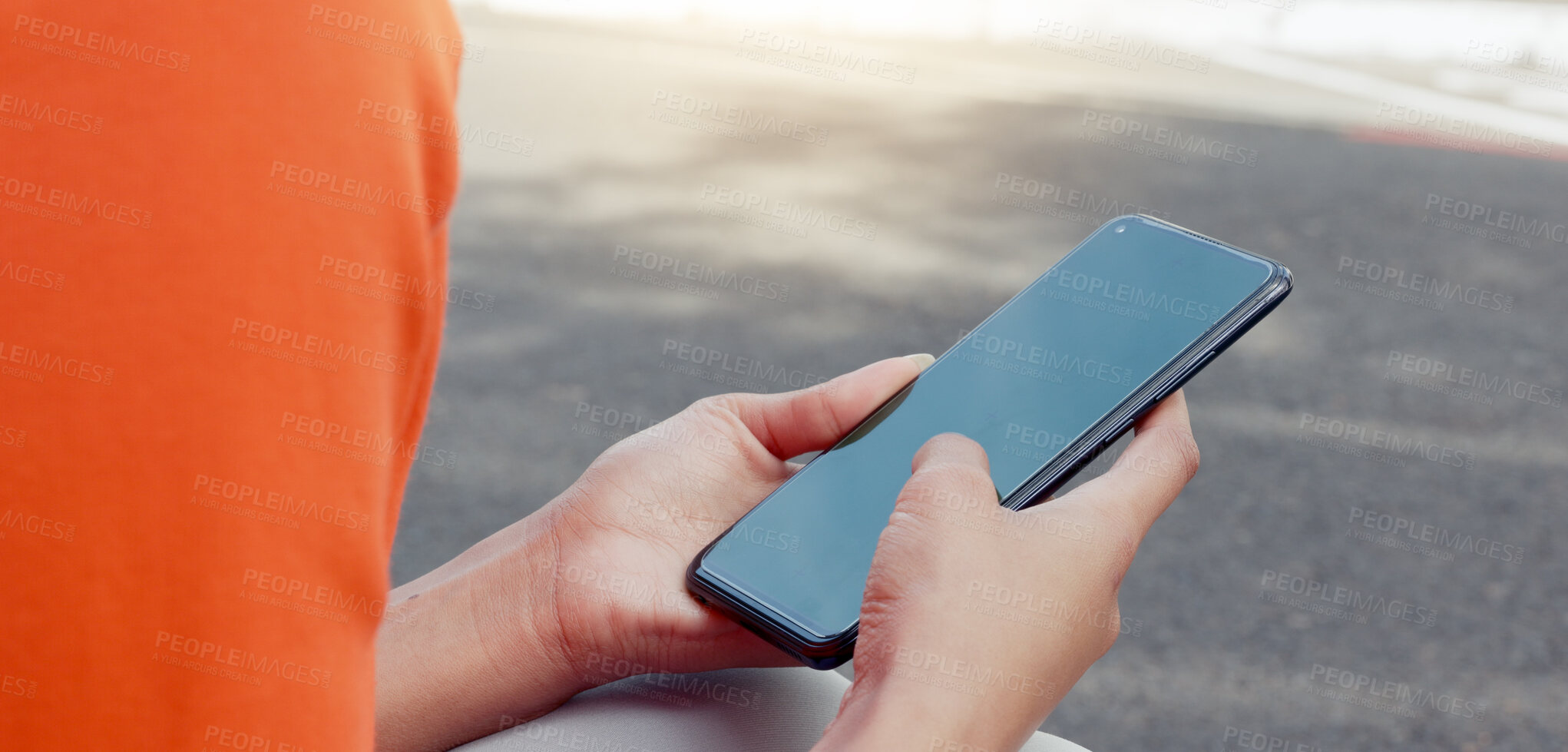 Buy stock photo Closeup, hands and woman with a smartphone, outdoor and connection with social media, post and network. Person, mobile user and girl with a cellphone, digital app and outside with screen and internet