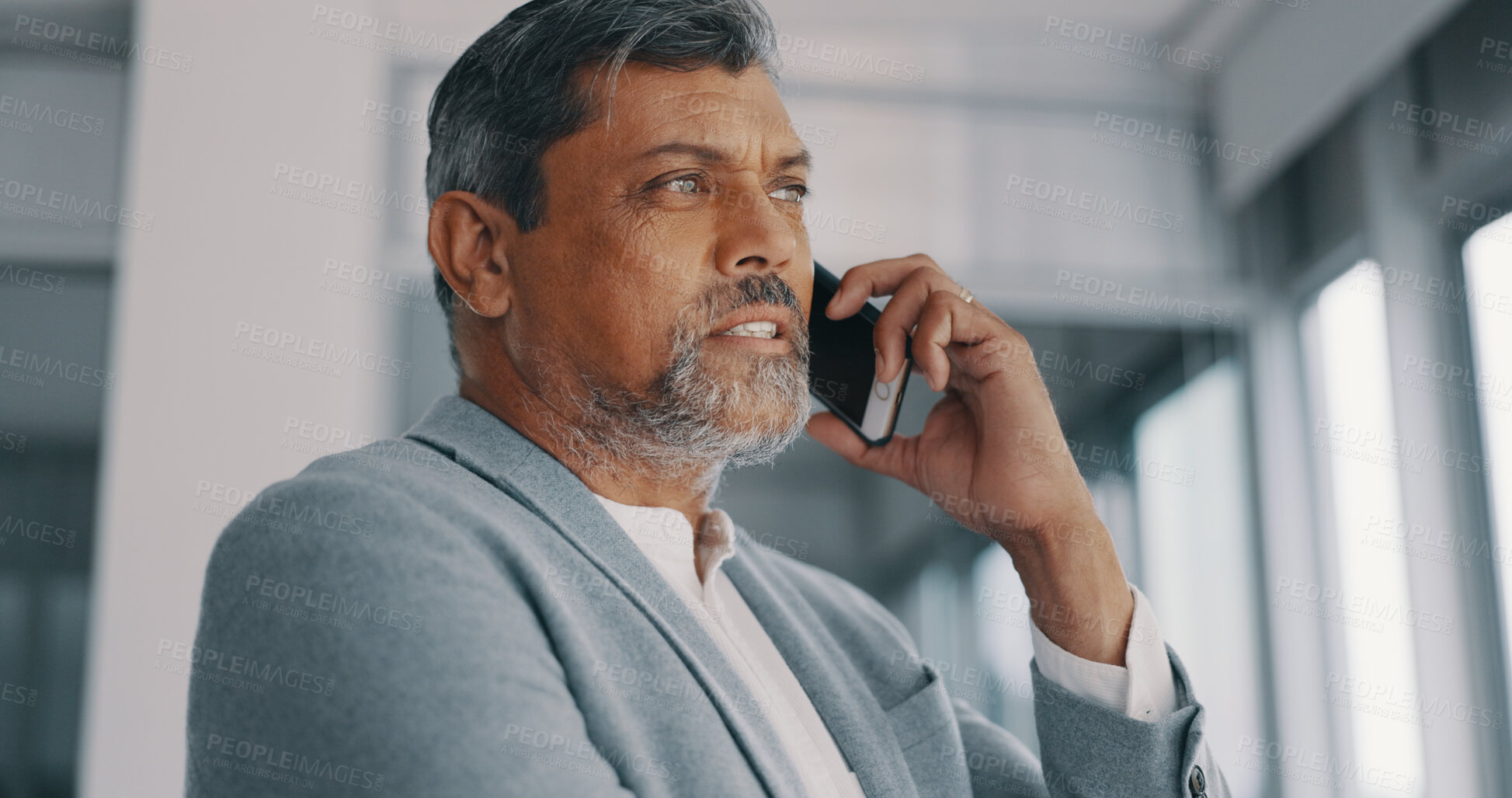 Buy stock photo Phone call, mature man and ceo talking, conversation or communication in office. Smartphone, serious manager and business discussion of contact listening to news, networking and thinking in company