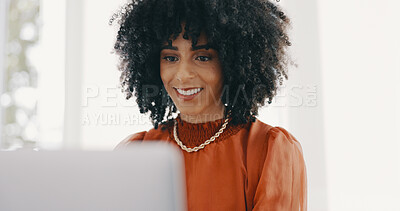Laptop, thinking and report with a business black woman sitting at a desk with her hands on her chin. Idea, planning and agenda with a female employee typing on a computer in her office at work