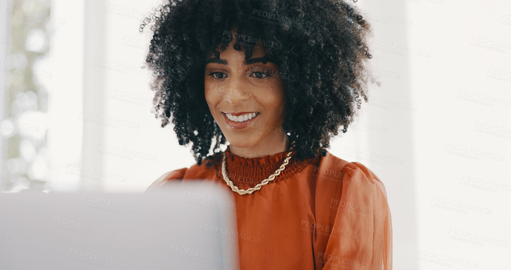 Buy stock photo Happy, laptop and business black woman in office for typing email, website or digital marketing. Creative agency, professional analyst and worker on computer for internet, planning and online project