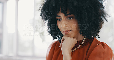 Business, thinking and black woman in office with laptop working on report, online project and research. Vision, ideas and female worker with computer at desk brainstorming, planning and strategy