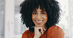 Face, vision and mindset with a business black woman sitting at a desk with her hand on her chin. Portrait, happy and smile with a female employee thinking about future growth or company development