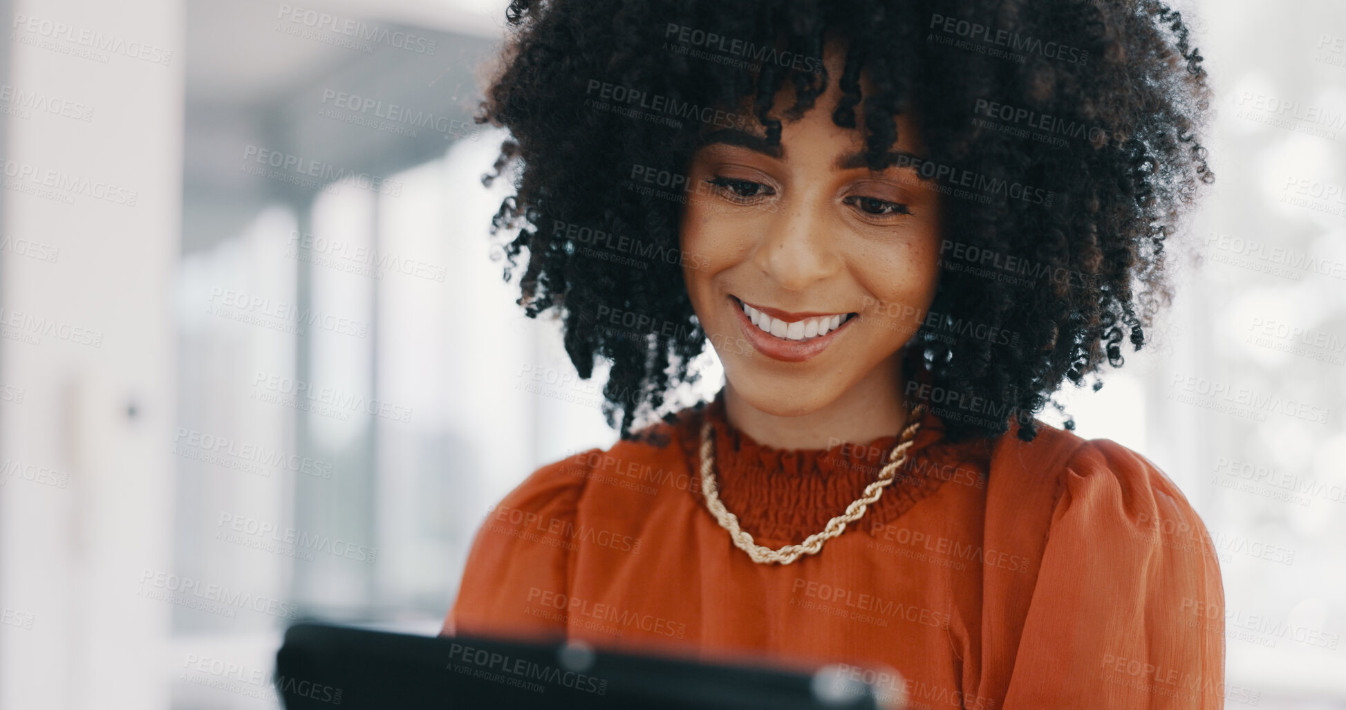 Buy stock photo Happy, tablet and business black woman in office for communication, email and digital marketing. Creative agency, professional and worker on digital tech for internet, planning and social media