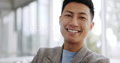 Singapore, leadership or portrait of a businessman with a smile in office of a startup company. Happy, motivation or manager for target mindset, goal or success with his arms crossed in workspace.