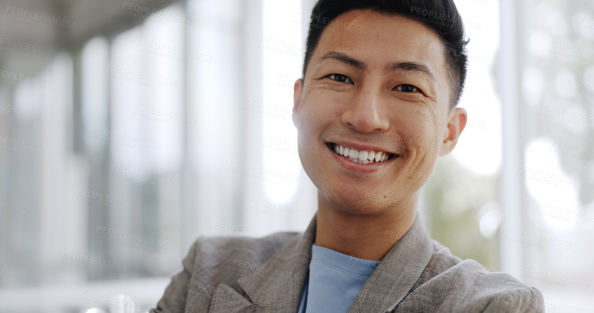 Buy stock photo Smile, confidence and professional Asian man in the office with positive, good and confident attitude. Happy, pride and portrait of professional Japanese male lawyer with success in modern workplace.