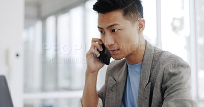 Phone call, email and Asian man planning on a laptop, financial communication and accounting discussion on a phone. Strategy, conversation and accountant reading on a pc while speaking on a mobile