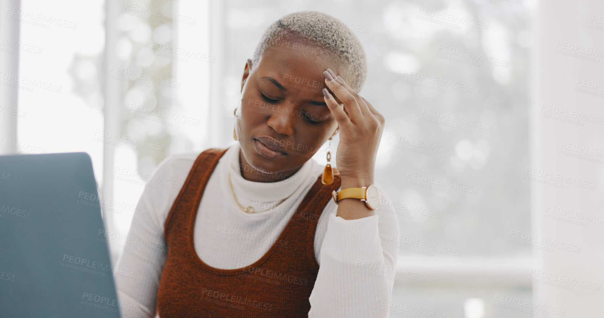 Buy stock photo Stress headache, fatigue and black woman at laptop, exhausted with debt, audit or tax problem. Frustrated, office and tired girl with pain, burnout and anxiety for time management crisis at computer.