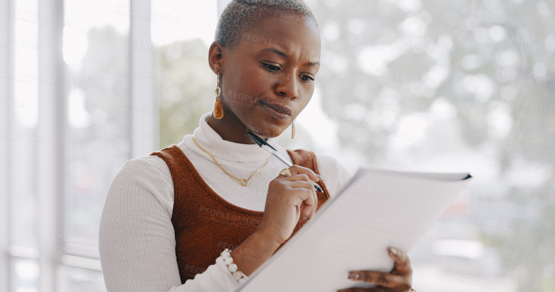 Buy stock photo Business, thinking and black woman writing on documents working on report, project and proposal. Vision, ideas and busy female worker with paperwork in office brainstorming, planning and strategy