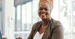 Portrait, face or black woman in office building with a happy smile working on email marketing online at desk. Human resources, startup or African worker in with motivation, goals or success mindset