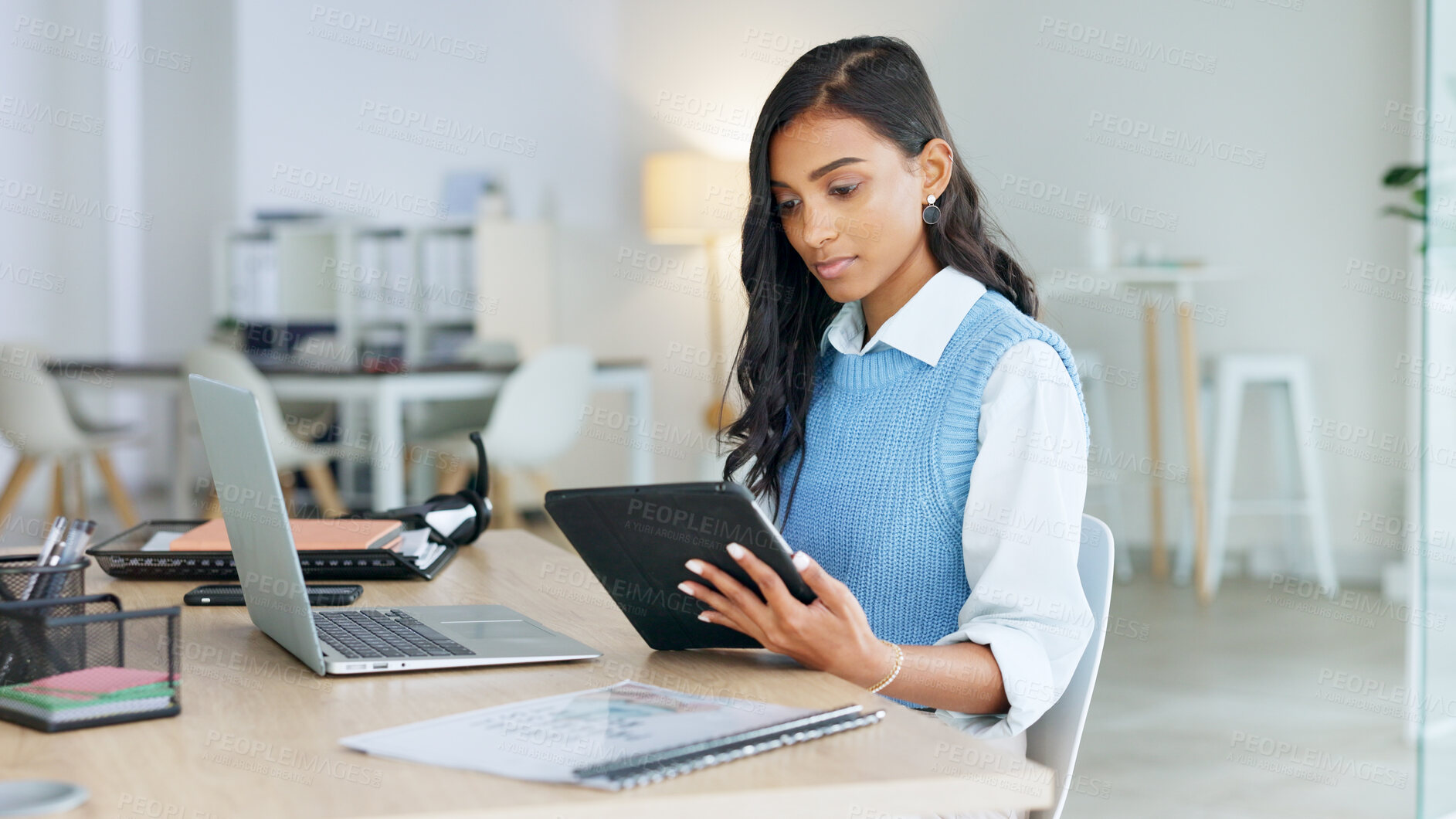 Buy stock photo Woman in office with laptop, tablet and research for online report, business feedback and website info at desk. Networking, communication and reading, businesswoman with computer for internet search.