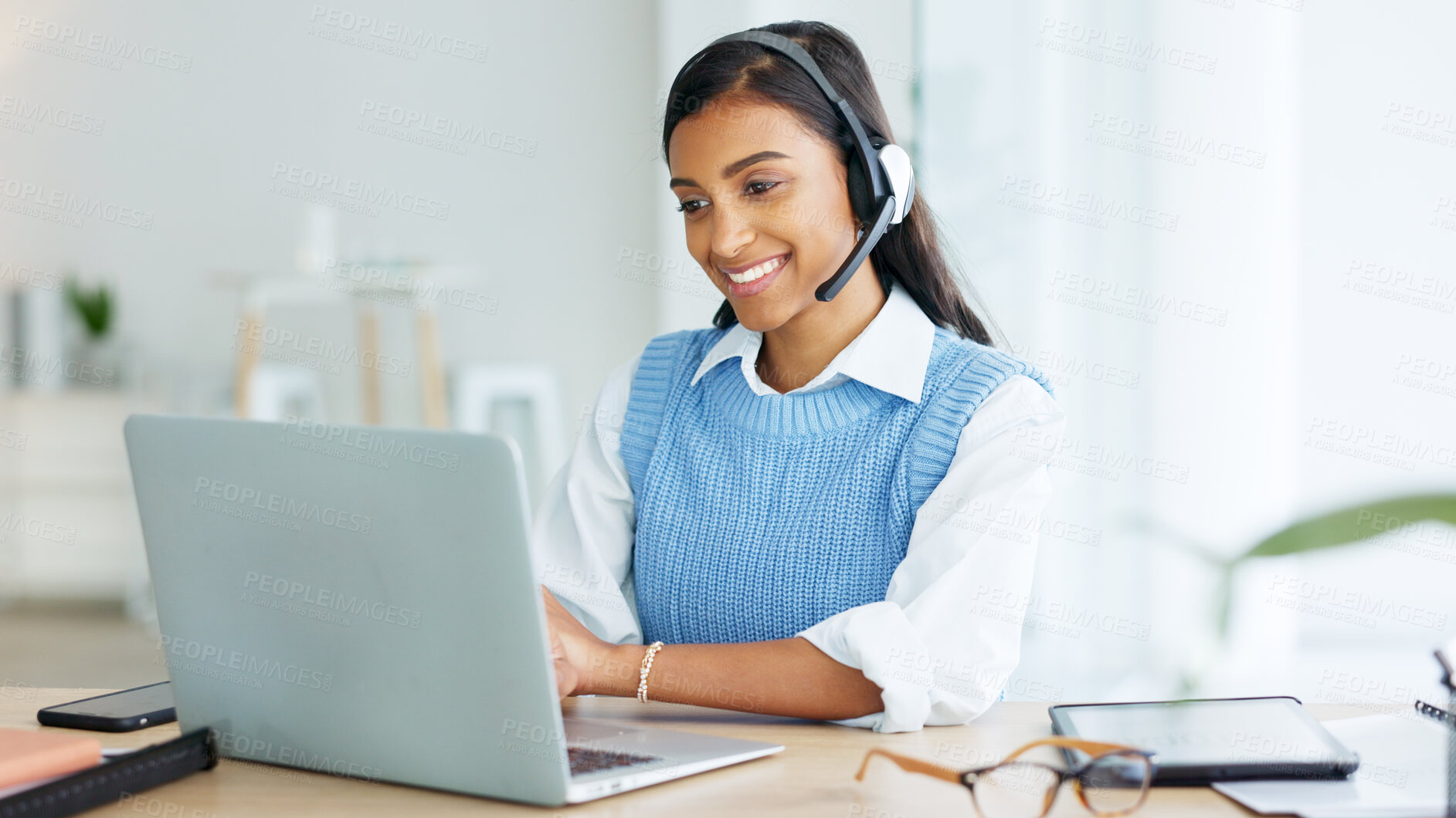 Buy stock photo Business woman, microphone and video consultation in office with networking and telemarketing for call center. Entrepreneur, female person and web communication with customer support and consulting