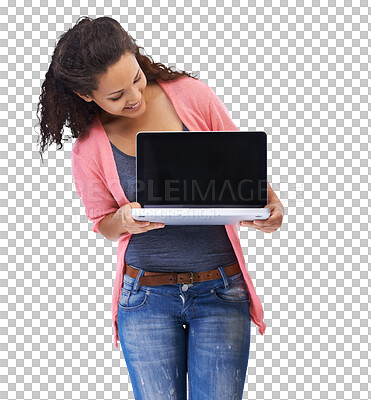Laptop mockup, woman and technology for digital communication, email with technology and wireless connection. Internet, pc marketing with website with tech product placement isolated on a png background