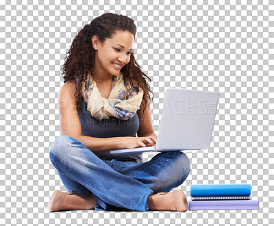 A Student, reading and typing notes on laptop, studying with books or planning university education, knowledge and internet research. black woman, web lecture and college notes on tech device isolated on a png background