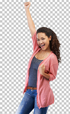 A Portrait, winner and success celebration of woman in mock up. Winning, achievement and happy young female fist pump celebrating goals, targets or lottery victory isolated on a png background
