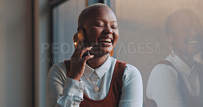 Phone call, communication and black woman laughing in office. Business, cellphone and happy female employee speaking, chatting and networking with comic, comedy or funny contact in company workplace.