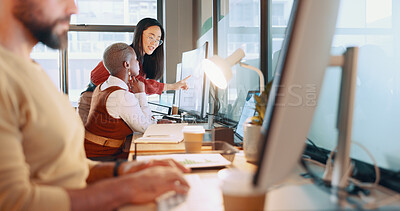 Training, human resources and coaching with a female manager and colleague working together in the office. Teamwork, management and review with a business woman talking to a coworker at work