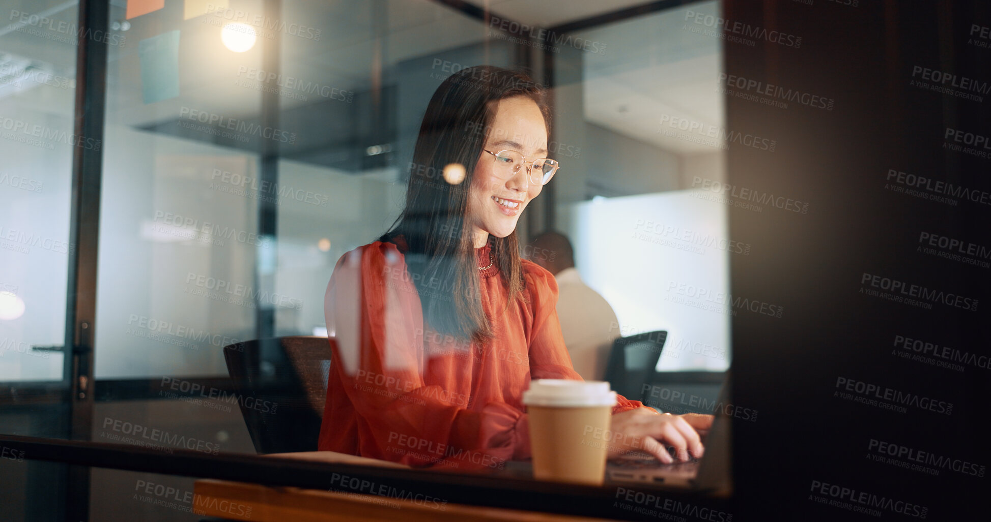 Buy stock photo Night, working and woman in office on laptop typing email, proposal and marketing strategy for online report or research. Computer, tech and happy Asian employee in workplace late planning or writing