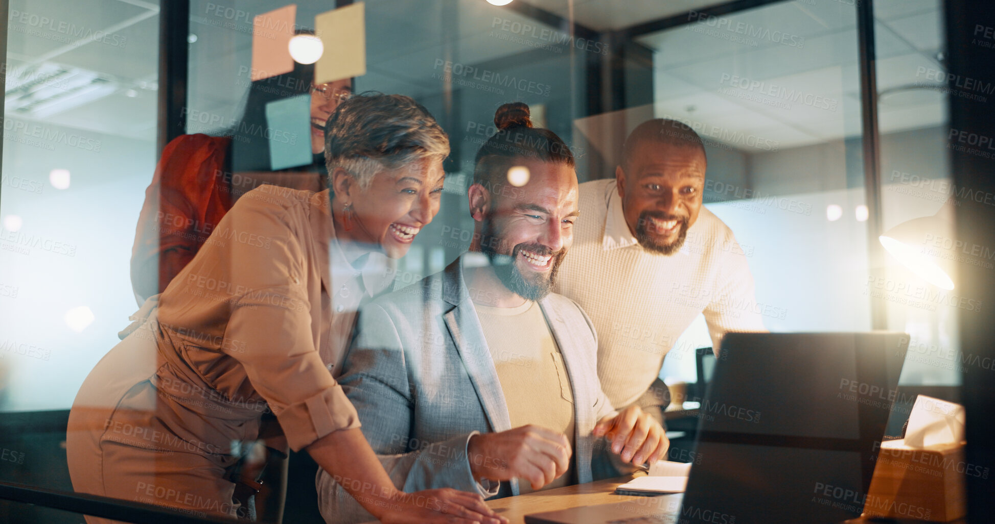 Buy stock photo Collaboration, laptop and business team working together in their office behind glass with flare. Computer, teamwork or collaboration with a man and woman employee group looking excited by a project