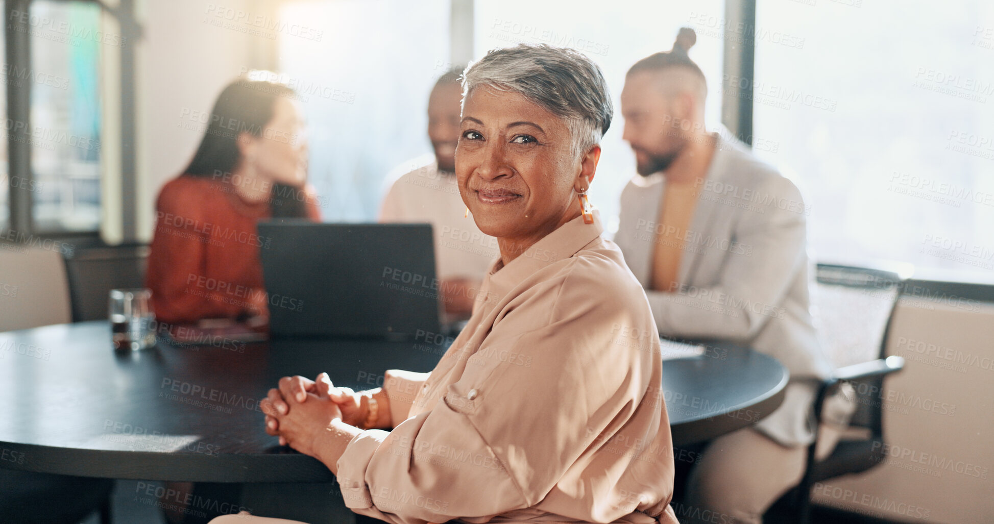 Buy stock photo Happy, meeting and portrait of business woman in office for discussion, planning and teamwork. Collaboration, corporate and face of mature worker for company startup, success and discussion for ideas