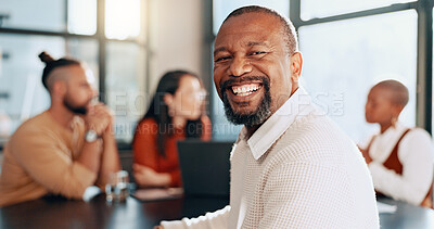 Happy black man, portrait and business meeting with office teamwork, management and workflow support for startup success. Smile, motivation and mature leadership, manager or collaboration in workshop