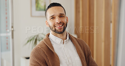 Buy stock photo Portrait, smile and business man in office, startup company or workplace for career or job. Face, creative designer and happy professional worker, employee person and confident entrepreneur in Brazil