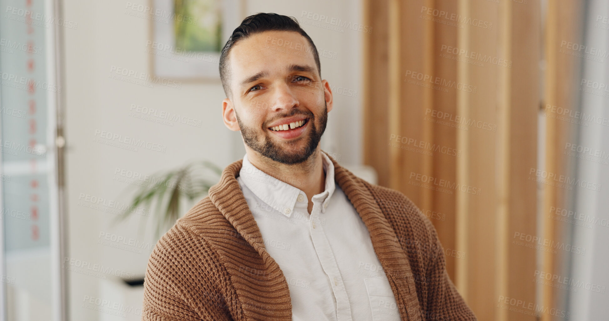 Buy stock photo Portrait, smile and business man in office, startup company or workplace for career or job. Face, creative designer and happy professional worker, employee person and confident entrepreneur in Brazil