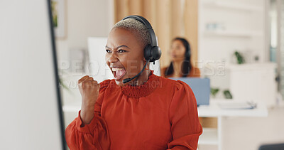 Winner, celebration and call center consultant in the office excited about a sale, job promotion or achievement. Happiness, celebrate and African female telemarketing agent with success in workplace.