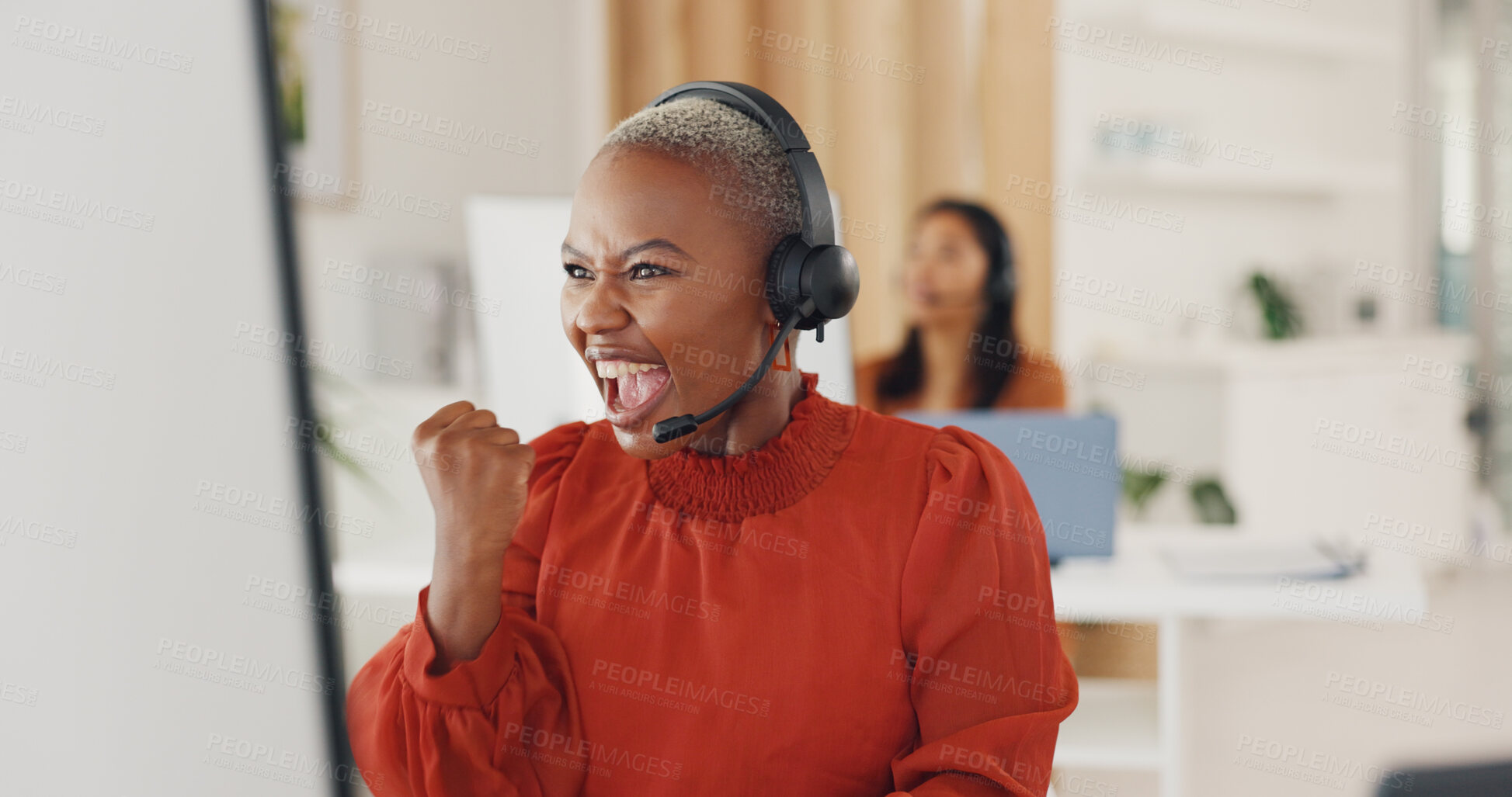 Buy stock photo Winner, success and motivation with a black woman in a call center for customer service or support. Wow, target and celebration with a young employee consulting in a crm or telemarketing office