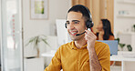 Contact us, call center and crm, man at computer in modern office, customer service agent with headset and smile. Help desk, telemarketing or sales consultant, happy advisory support and consulting.