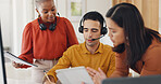 Woman, leadership and telemarketing team training with tablet, consultant documents and customer support consulting. Diversity, teamwork coaching and conversation in call center for crm management