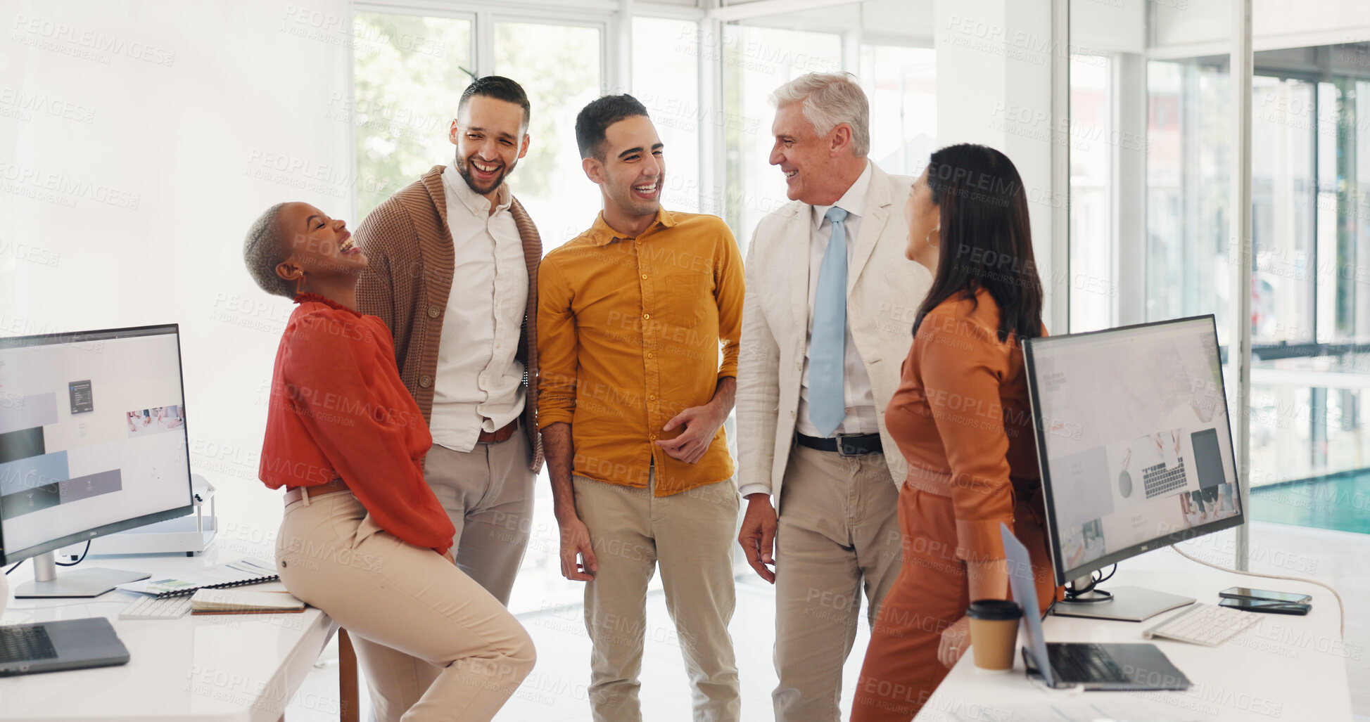 Buy stock photo Group, happy business people in office and conversation with pride, sales revenue goals or growth. Diversity, team work or employees with motivation, mission or our vision for project planning