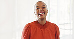 Success, motivation and a business black woman smiling standing alone in her office at work. Happy, laughter and positive mindset with a female employee smiling