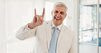 Senior businessman, rock hand sign and happy for business success, ceo motivation and leadership hands in office. Elderly manager, company support and achievement celebration or rocker boss happiness