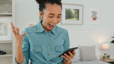 Buy stock photo Wow, phone and woman excited by notification at home with omg reaction for winning competition. Goal surprise, winner or happy girl reading message, news or chat for results or score for game online