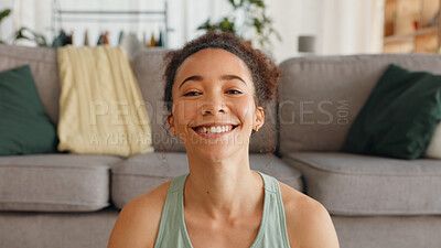 Happy, meditation breathing and face of a woman with peace, relax and zen smile in a house for balance. Wellness, mind and portrait of a girl with spiritual faith and calm during mindset exercise