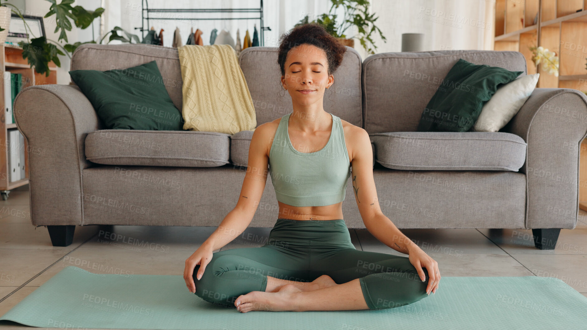 Buy stock photo Meditation, fitness and woman on living room floor with mindfulness for health and wellness of body and mind. Calm, zen and healing with yoga at home, peace and happy with breathing and self care