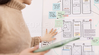 Ux, presentation and design with woman and planning in meeting for idea, developer or technology. Software engineering, creative and phone ui with employee in office for it strategy, chart or website