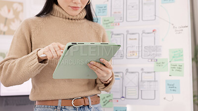 Woman, tablet and ui ux design with the developer being creative for mobile app project with a pen in office. Female planning, web design and development of wireframe on storyboard for website idea