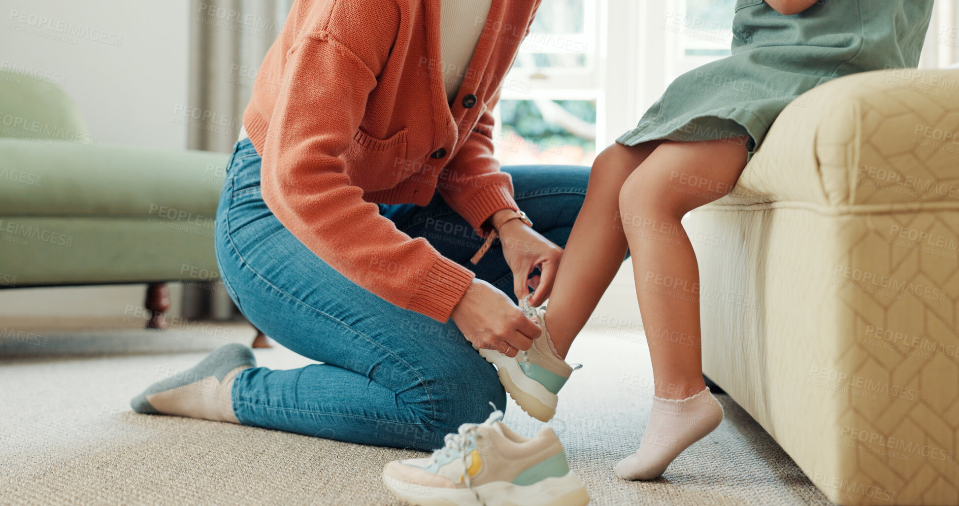 Buy stock photo Back to school, child and mother with shoes and learning to tie shoelace in home, living room or helping with clothes in morning. Girl, mom and kid sneakers on feet for education and leaving house