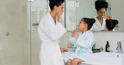 Dental, bathroom and mother and child brushing teeth for oral health, teeth healthcare and cleaning mouth with toothbrush. Black family morning routine, toothpaste and mom teaching self care hygiene