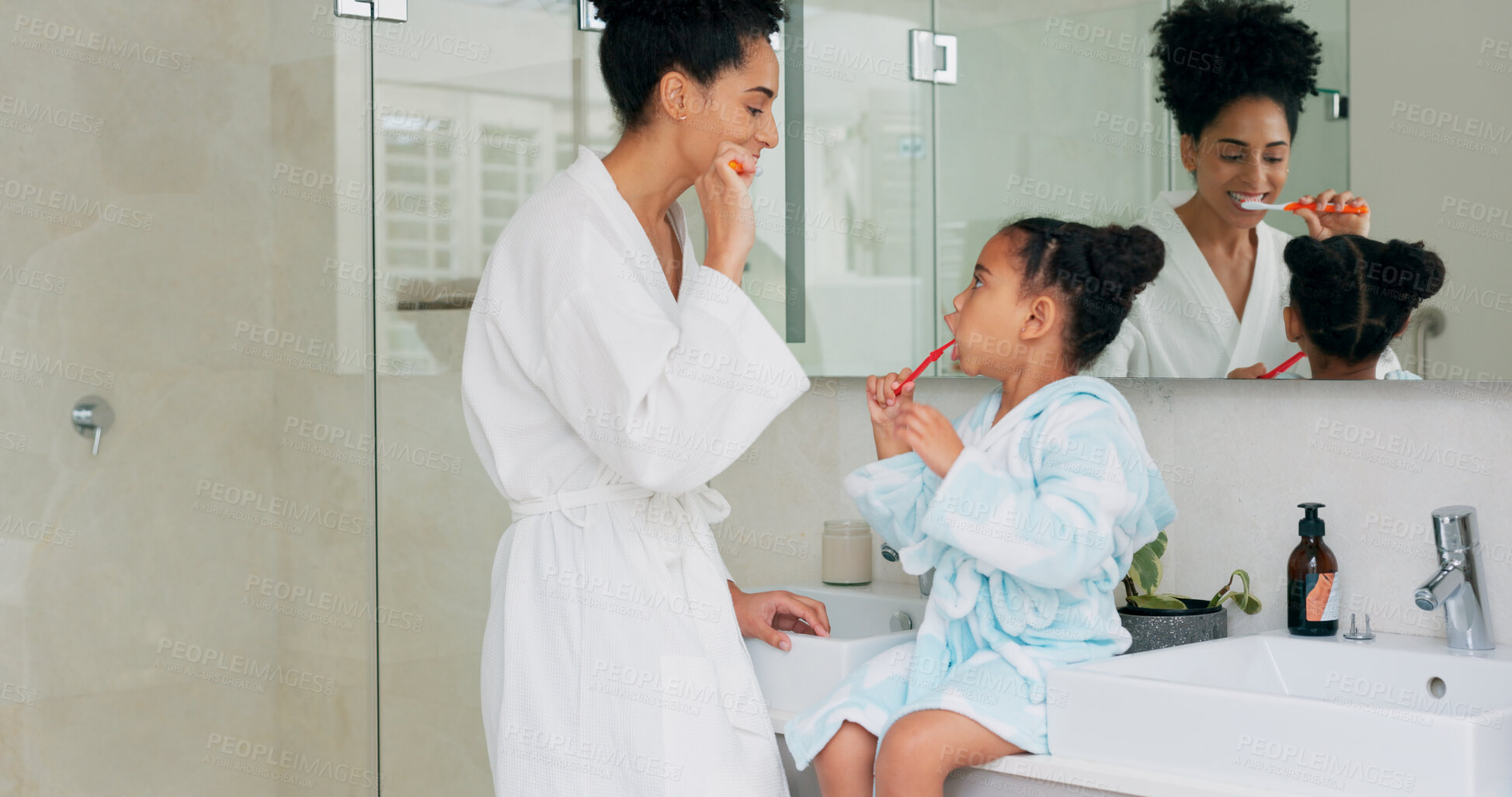 Buy stock photo Dental, brushing teeth and bathroom mother, child or people with toothbrush, toothpaste or morning routine. Tooth cleaning, enamel care or home mom, kid or family gum health, hygiene or oral wellness