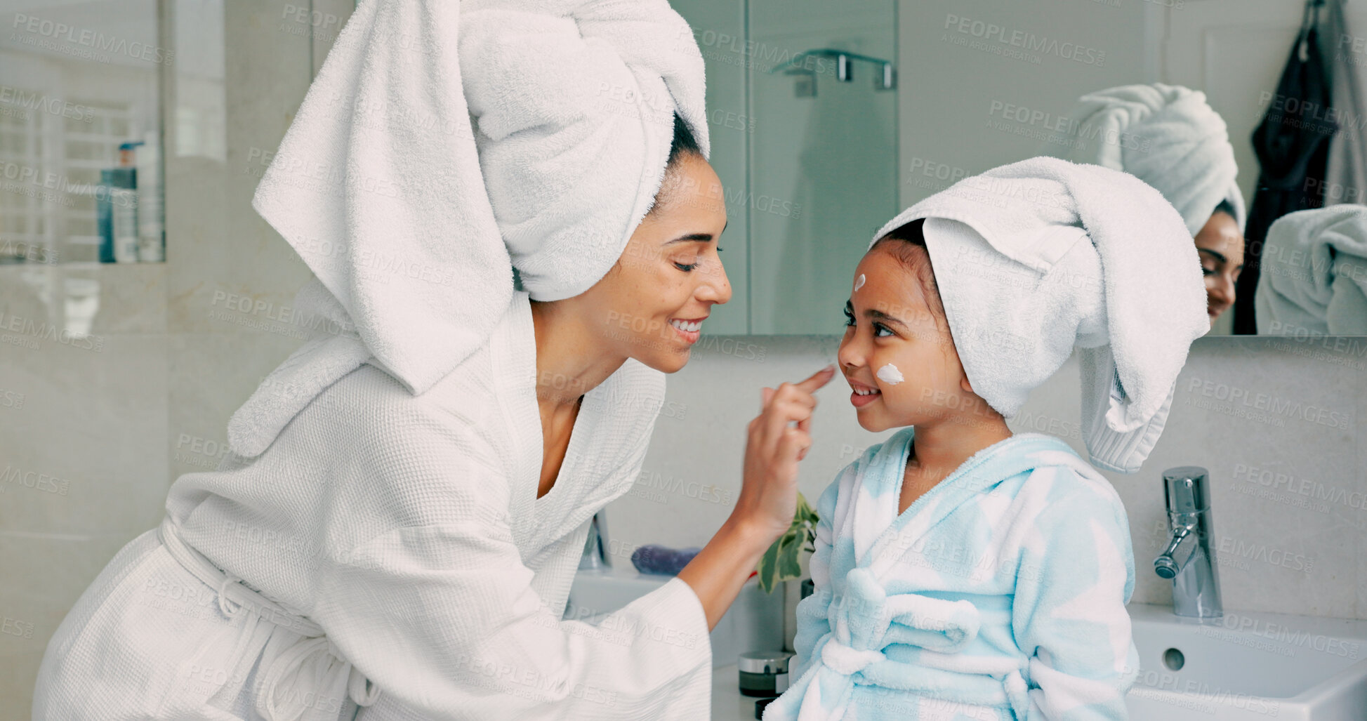 Buy stock photo Home spa, mother and child doing morning skincare and cleaning with family product for dermatology and cosmetic. Woman, girl and happy for wellness, health and skin cream or mask in bathroom