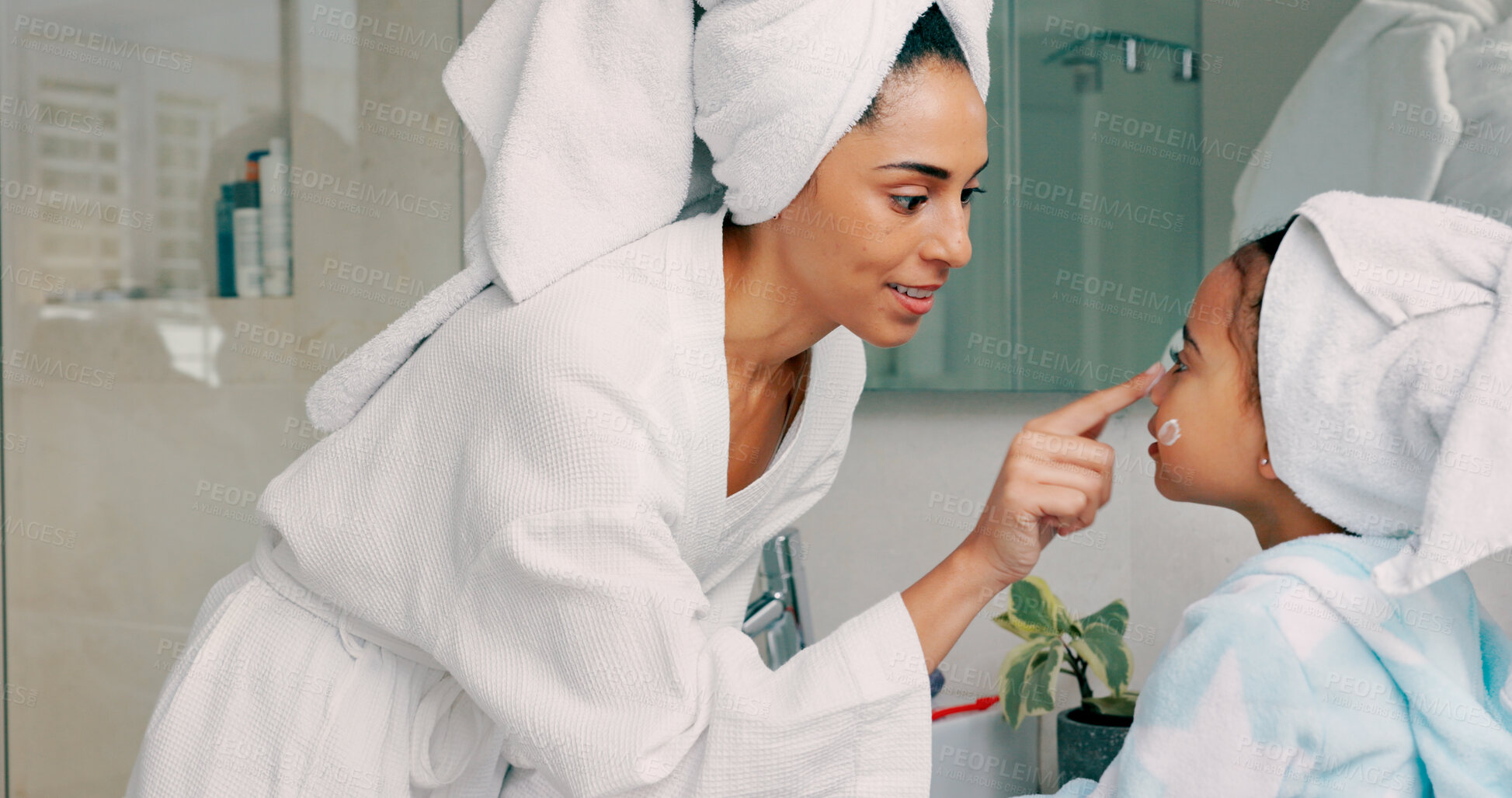 Buy stock photo Home spa, mother and child doing morning beauty cleaning with family product for dermatology, cosmetic and skincare. Woman, girl and happy for wellness, health and skin cream or mask in bathroom